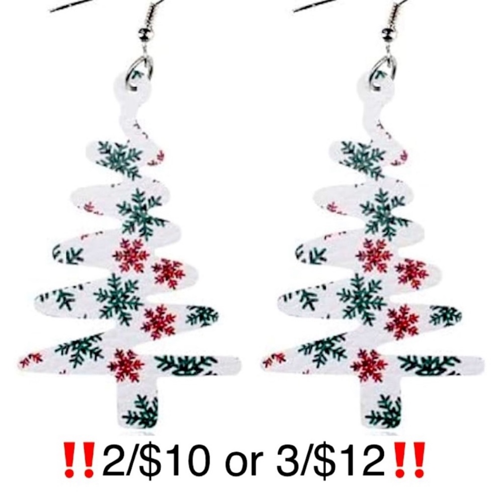 Christmas Tree Earrings Snowflake Faux Leather Dangling Novelty Red Green White